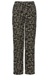 Schwarze Hose mit cremefarbenem floralem Muster, gerade geschnitten, elastischer Bund, ohne sichtbare Taschen oder Knöpfe