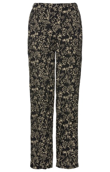 Schwarze Hose mit cremefarbenem floralem Muster, gerade geschnitten, elastischer Bund, ohne sichtbare Taschen oder Knöpfe