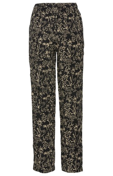 Schwarze Hose mit beigem floralem Muster, gerade geschnitten, elastischer Bund ohne sichtbare Verschlüsse