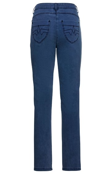 Dunkelblaue Jeans, gerade geschnitten, zwei aufgesetzte Gesäßtaschen mit Wellenstickerei, Gürtelschlaufen, sichtbare Nähte, schlanker Beinverlauf