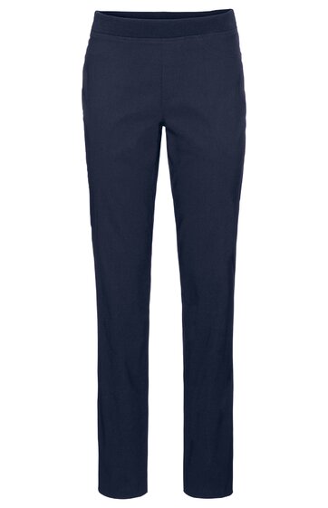Dunkelblaue Hose ohne Muster, gerade geschnitten, schmale Beinform, elastischer Bund, keine sichtbaren Taschen oder Verzierungen