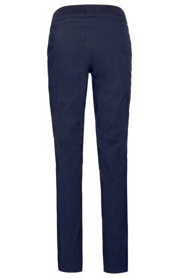 Dunkelblaue lange Hose, gerade geschnitten, elastischer Taillenbund, ohne sichtbare Taschen oder Verzierungen