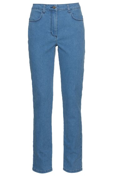 Hellblaue Jeanshose, gerade geschnitten, zwei Eingrifftaschen vorne, Reißverschluss mit Knopfverschluss, ohne sichtbares Muster