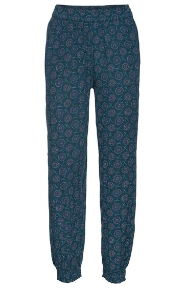 Dunkelblau-graue lange Hose mit geometrischem Kreis- und Linienmuster, elastischem Bund, schmal zulaufend, elastische Bündchen am Saum