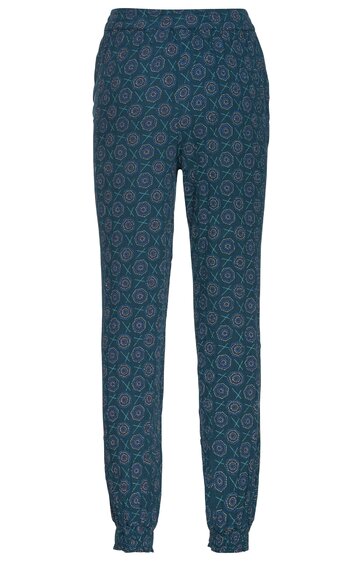 Dunkelblaue Hose mit rotem Kreismuster, elastischer Bund, gerade geschnittene Beine, elastische Bündchen am Saum