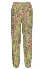 Locker geschnittene lange Hose, Hellgrün mit mehrfarbigem abstraktem Muster, elastischer Bund, elastische Beinabschlüsse