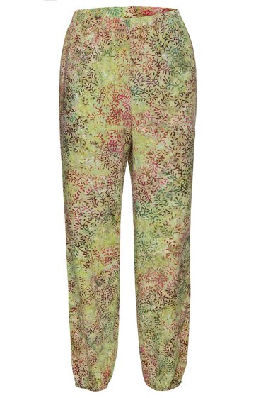 Locker geschnittene Hose in hellgrün mit mehrfarbigem abstraktem Blumenmuster, elastischer Bund, gerade geschnittene Beine, elastische Bündchen am Saum