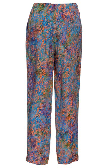 Weite Hose in Blau mit abstraktem, mehrfarbigem Muster, gerader Schnitt, elastischer Bund, keine sichtbaren Verschlüsse, lang, ohne Taschen