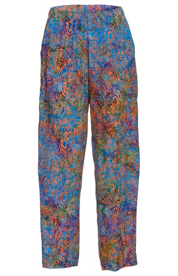 Hose mit weitem Bein, mehrfarbiges abstraktes Blumenmuster in Blau, Orange, Grün und Lila, hoher Bund, seitliche Eingrifftaschen, gerade geschnitten