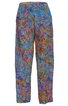 Hose mit weitem Bein, mehrfarbiges abstraktes Blumenmuster in Blau, Orange, Grün und Lila, hoher Bund, seitliche Eingrifftaschen, gerade geschnitten