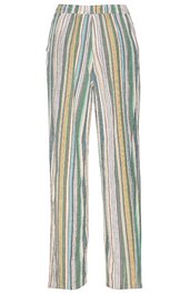Lässige Hose in Cremeweiß mit vertikalen Streifen in Grün, Senfgelb, Blau und Braun, gerade geschnitten, mit Bund und seitlichen Taschen