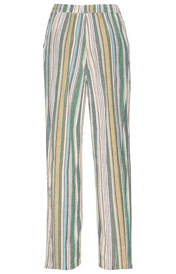 Lässige Hose in Cremeweiß mit vertikalen Streifen in Grün, Senfgelb, Blau und Braun, gerade geschnitten, mit Bund und seitlichen Taschen