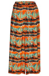 Weit geschnittene Hose in Türkis, Orange, Schwarz mit horizontalem Batikmuster, elastischem Bund, lange Form