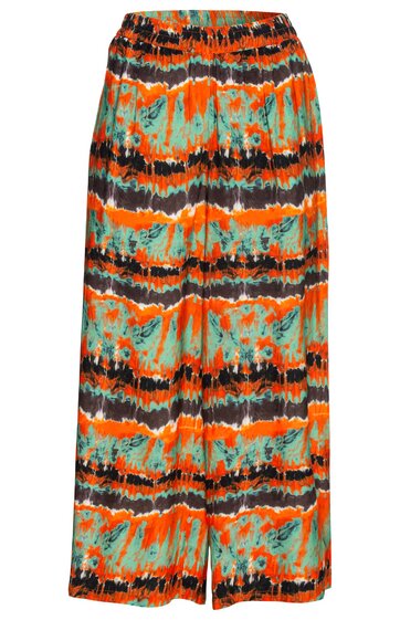 Weit geschnittene Hose in Türkis, Orange, Schwarz mit horizontalem Batikmuster, elastischem Bund, lange Form