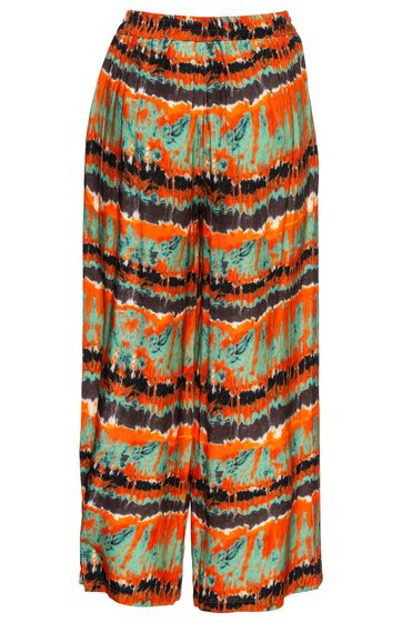 Weite Hose mit elastischem Bund, orange-grüner Batikmuster, gerade geschnitten, knöchellang