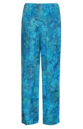 Hose, türkisblau mit floralem Muster, gerader Schnitt, elastischer Bund, lange Beinform