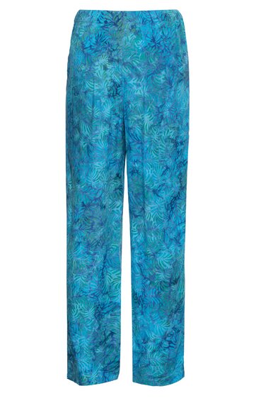 Hose, türkisblau mit floralem Muster, gerader Schnitt, elastischer Bund, lange Beinform