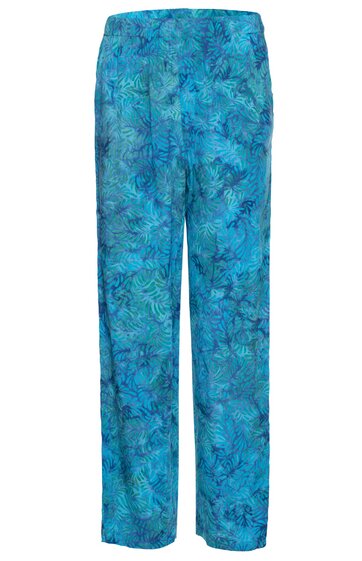 Hose in Türkis mit blauem abstraktem Muster, gerader Schnitt, elastischer Bund, zwei seitliche Eingrifftaschen