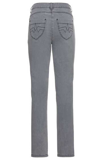 Graue Jeanshose, gerade geschnitten, normale Bundhöhe, zwei Gesäßtaschen mit zickzackförmiger Naht, keine sichtbaren Muster oder Verzierungen