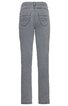 Graue Jeanshose, gerade geschnitten, normale Bundhöhe, zwei Gesäßtaschen mit zickzackförmiger Naht, keine sichtbaren Muster oder Verzierungen