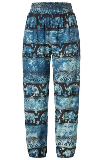 Locker geschnittene Hose in Blautönen mit dunklem Elefantenmuster, elastischer Bund, seitliche Eingrifftaschen, elastische Bündchen am Beinabschluss