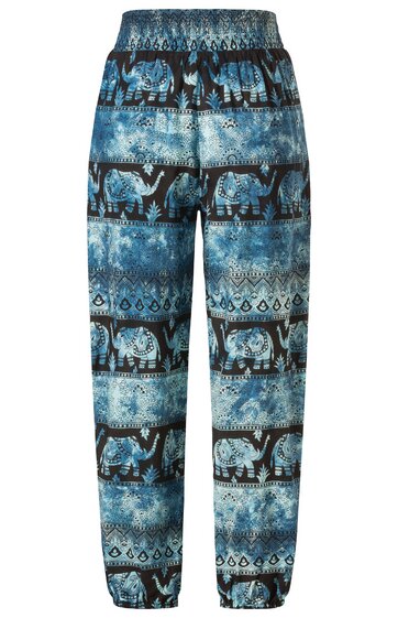 Locker geschnittene lange Hose in Blau und Schwarz mit Elefanten- und Ethnomuster, elastischer Bund und Fußabschlüsse, gerade Form