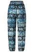 Locker geschnittene lange Hose in Blau und Schwarz mit Elefanten- und Ethnomuster, elastischer Bund und Fußabschlüsse, gerade Form