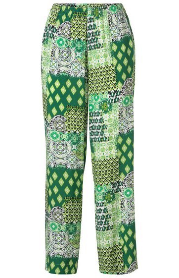 Locker geschnittene lange Hose in Grün mit gemischtem Muster aus Rauten, Kreisen und Paisley-Motiven, elastischer Bund, gerade Form