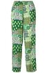 Locker geschnittene lange Hose in Grün mit gemischtem Muster aus Rauten, Kreisen und Paisley-Motiven, elastischer Bund, gerade Form