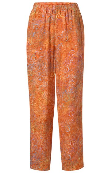 Locker geschnittene lange Hose in Orange mit Paisley-Muster, elastischem Bund, geradem Bein, keine sichtbaren Verschlüsse