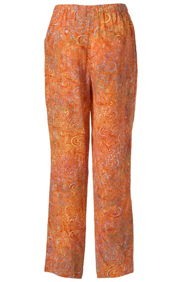 Orangene lange Hose mit abstraktem Muster in verschiedenen Orangetönen, elastischem Bund, gerade geschnitten