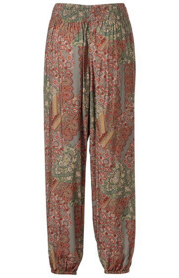 Weite Hose in Rostrot und Grün mit Paisley- und Blumenmuster, elastischer Bund, lockere Form, elastische Bündchen am Saum