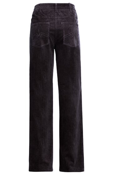 Schwarze gerade geschnittene Hose, ohne erkennbare Muster, zwei Gesäßtaschen mit sichtbaren Nähten, Bund mit Gürtelschlaufen, keine weiteren sichtbaren Verzierungen