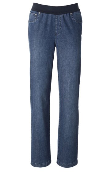 Dunkelblaue Damenjeans mit elastischem schwarzem Bund, gerade geschnitten, zwei vordere Taschen mit sichtbaren Nähten, keine sichtbaren Verschlüsse