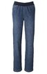 Dunkelblaue Damenjeans mit elastischem schwarzem Bund, gerade geschnitten, zwei vordere Taschen mit sichtbaren Nähten, keine sichtbaren Verschlüsse