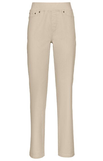 Beige Hose ohne Muster, gerader Schnitt, mit Hosentaschen vorne und umlaufendem Bund, gerades Bein, keine sichtbaren Verschlüsse, ohne sichtbare Verzierungen
