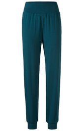 Dunkelgrüne Jogginghose ohne Muster, elastischer breiter Bund, gerade geschnitten, schmale Bündchen an den Beinenden