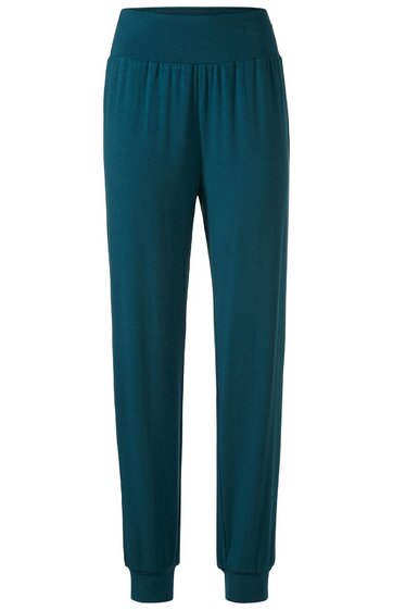 Dunkelgrüne Jogginghose ohne Muster, elastischer breiter Bund, gerade geschnitten, schmale Bündchen an den Beinenden