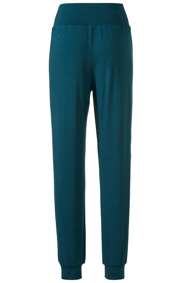 Dunkelgrüne Jogginghose mit hohem Bund, ohne Muster, schmal zulaufende Beine, elastische Bündchen an den Beinenden