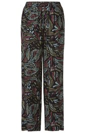 Hose lang schwarz mit buntem abstraktem Muster in Blau, Rot und Beige, gerade geschnitten, elastischer Bund mit Kordel, seitliche Eingrifftaschen