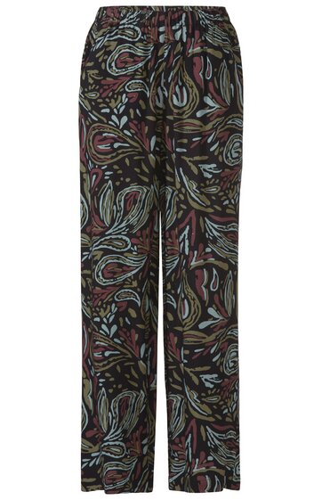 Hose lang schwarz mit buntem abstraktem Muster in Blau, Rot und Beige, gerade geschnitten, elastischer Bund mit Kordel, seitliche Eingrifftaschen