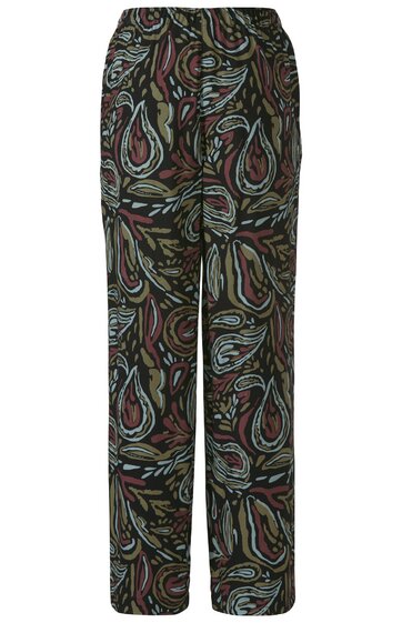 Lange Hose in Olivgrün mit schwarzem, braunem und hellblauem Paisleymuster, gerader Schnitt, elastischer Bund, lockere Passform