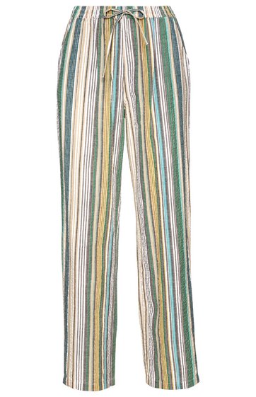 Hose in Weiß, Grün, Gelb und Grau gestreift, mit geradem Bein, elastischem Bund und Kordelzug, ohne sichtbare Taschen