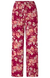 Hose in dunklem Rot mit floralem Muster in Rosa und Hellbeige, gerade geschnitten, elastischer Bund mit Kordelzug, lockere Passform