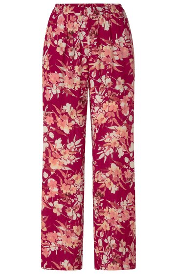 Hose in dunklem Rot mit floralem Muster in Rosa und Hellbeige, gerade geschnitten, elastischer Bund mit Kordelzug, lockere Passform