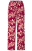 Hose in dunklem Rot mit floralem Muster in Rosa und Hellbeige, gerade geschnitten, elastischer Bund mit Kordelzug, lockere Passform