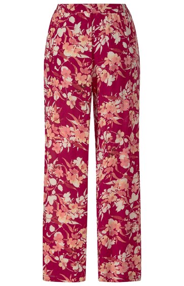 Hose in Dunkelrot mit großflächigem Blumenmuster in Rosa und Hellgelb, gerade geschnitten, hoher Bund, Knopf- und Reißverschluss vorne