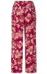 Hose in Dunkelrot mit großflächigem Blumenmuster in Rosa und Hellgelb, gerade geschnitten, hoher Bund, Knopf- und Reißverschluss vorne