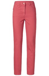 Rosa Damenhose, einfarbig, gerade geschnitten, mit Reißverschluss und Knopfverschluss, zwei Eingrifftaschen vorne, zwei Gesäßtaschen, taillierte Passform