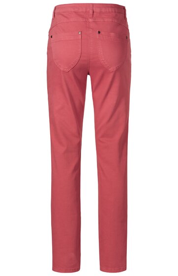 Corallefarbene Damenhose, einfarbig, gerade geschnitten, zwei Gesäßtaschen mit Nieten, mittelhoher Bund